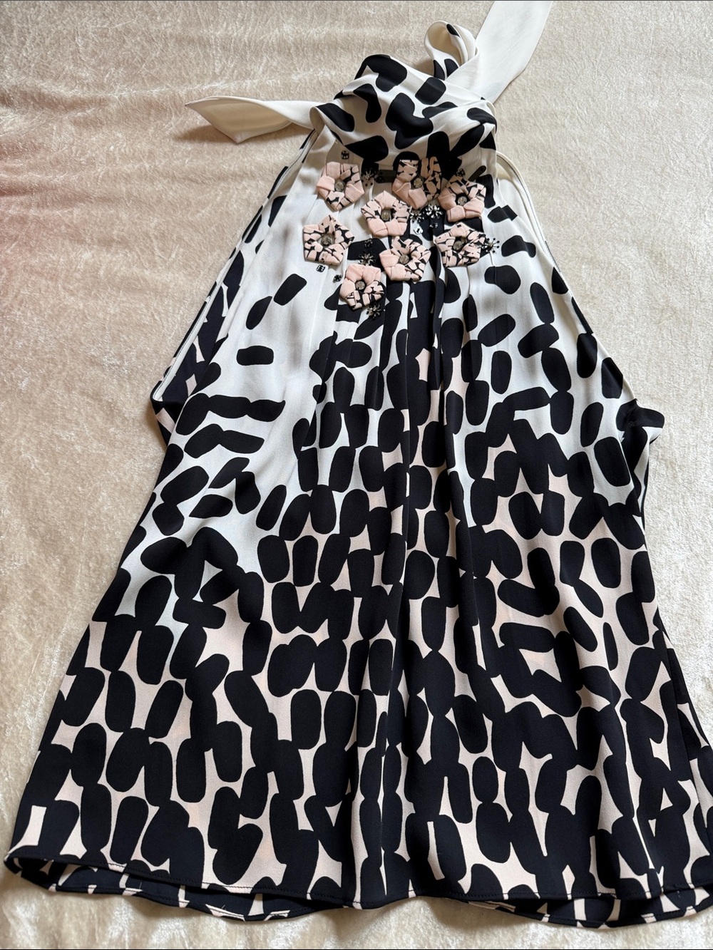 Diane Von Furstenberg Black and White Dress with Pink Floral Appliqués